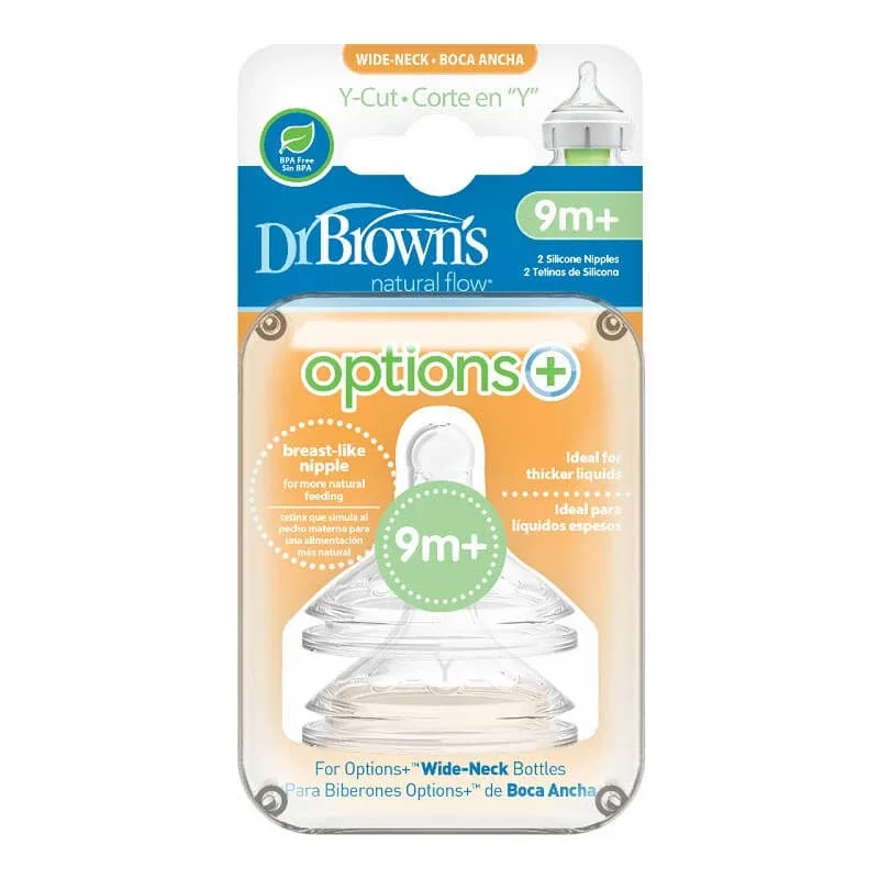 Tetine din silicon cu taietura in Y pentru biberoane cu gat larg, 9 luni+, Options+, Dr. Browns — preț și oferte