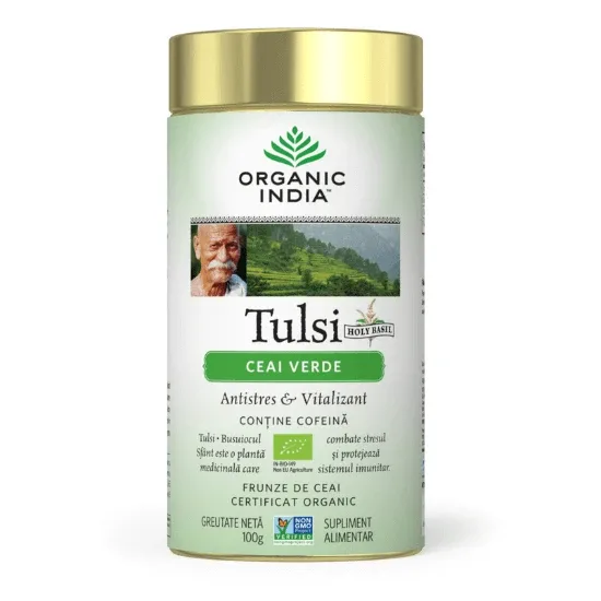 Tulsi Ceai Verde Antistres Adaptogen, 100 g, Organic India — preț și oferte