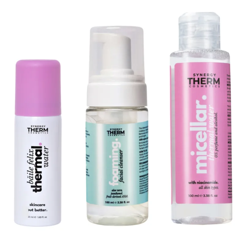 Pachet Apa termala micelara + Spuma de curatare faciala + Apa termala, Synergy Therm — preț și oferte
