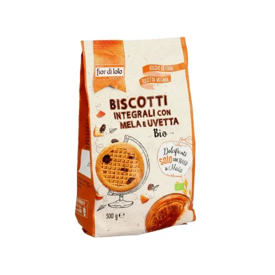 Biscuiti bio integrali cu mere si stafide indulciti cu suc de mere, 300g, Fior di Loto — preț și oferte