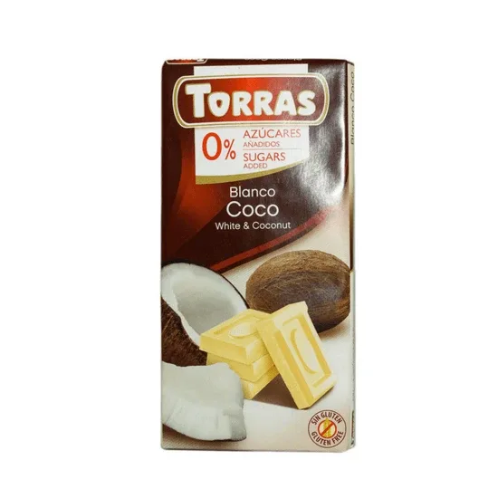 Ciocolata alba cu nuca de cocos si indulcitor, 75 g, Torras — preț și oferte