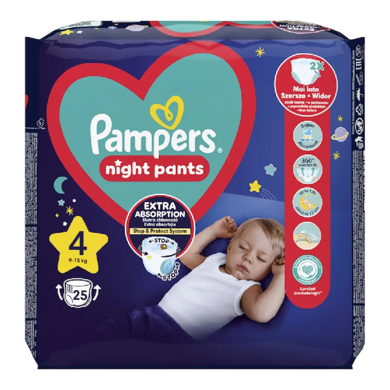 Scutece chilotel de noapte Night Pants, Marimea 4, 9-15 kg, 25 bucati, Pampers — preț și oferte