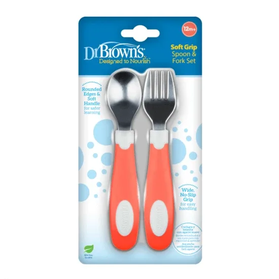 Set lingurita si furculita Soft Grip +12 luni, Rosu, Dr Brown`s — preț și oferte