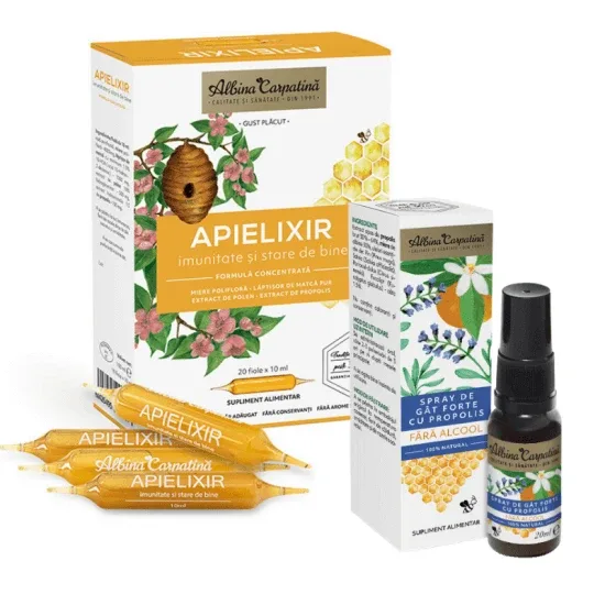 Pachet Apielixir imunitate si stare de bine, 20 fiole x 10 ml + Spray de gat forte cu propolis, 20 ml, Albina Carpatina — preț și oferte