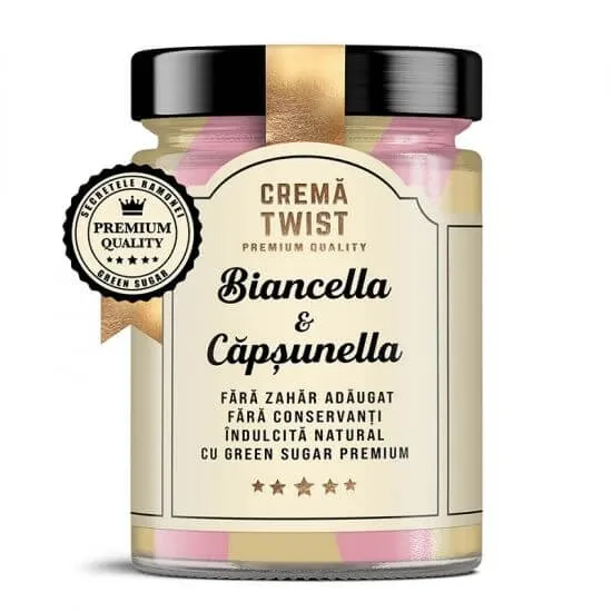 Crema tartinabila cu ciocolata alba si migdale Twist Biancella & Capsunela Secretele Ramonei, 350 g, Laboratoarele Remedia — preț și oferte