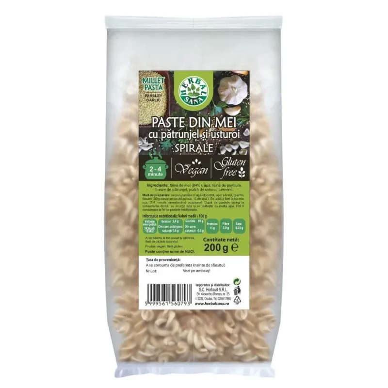 Paste din mei cu patrunjel si usturoi, spirale, 200 g, Herbal Sana — preț și oferte