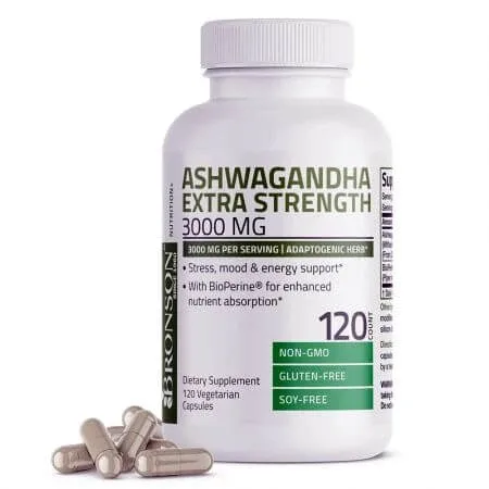 Ashwagandha 3000 mg cu Bioperina, 120 cpasule, Bronson Laboratories — preț și oferte