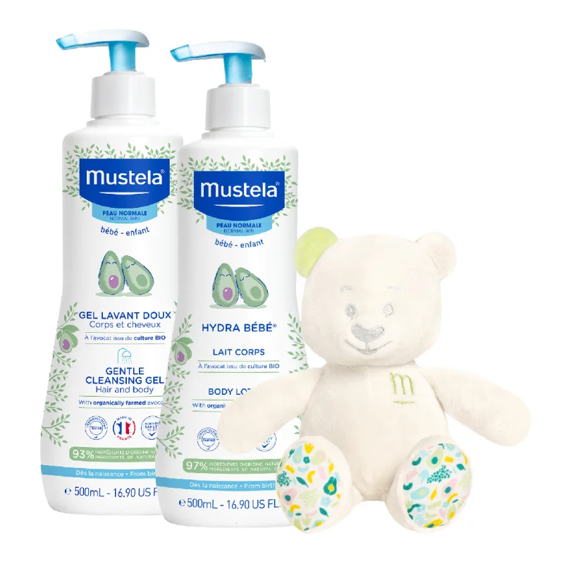 Pachet Ursulet, Gel de curatare delicat pentru par si corp si Lotiune de corp Hydra Bebe, 500 ml, Mustela — preț și oferte