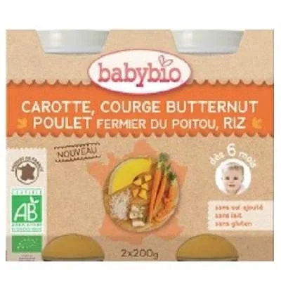 Piure Bio din pui morcov, orez si dovleac, +6luni, 2X200g, BabyBio — preț și oferte