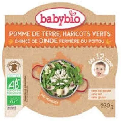 Piure Bio Meniu din morcovi, fasole verde si felii din carne de curcan de ferma, 230g, BabyBio, BabyBio — preț și oferte