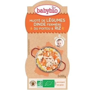 Piure Bio meniu din legume, orez si carne de curcan, +8luni, 2X200g, BabyBio — preț și oferte