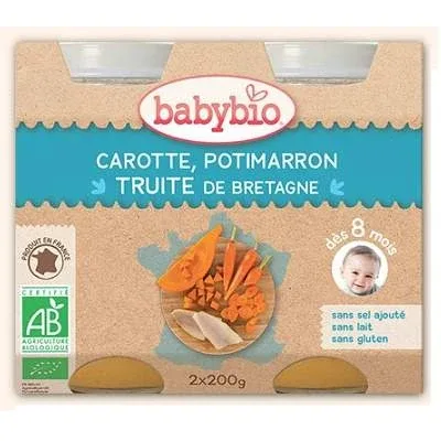 Piure bio păstrăv, dovleac și morcov, +8 luni, 2 x 200 g, Babynat — preț și oferte