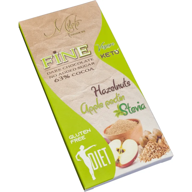 Ciocolata neagra dietetica cu mere, alune si stevie, 63% cacao, 80 g, Milete — preț și oferte