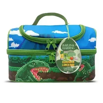 Set Dinosaur: geanta pentru pranz cu imprimeu de dinozauri, burete de baie in forma de dinozaur, spumant de baie, 100 ml, bila efervescenta pentru baie, 4 bile x 20 g, sampon, 30 ml, BAYLIS & HARDING — preț și oferte