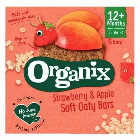 Batoane Bio din ovaz integral cu capsuni si mere, + 12 luni, 6 batoane x 23 g, Organix — preț și oferte