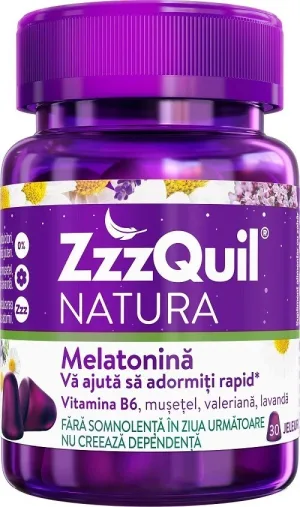 ZzzQuil, cu Melatonina, Musetel si Lavanda, pentru Somn Linistit, 30 jeleuri