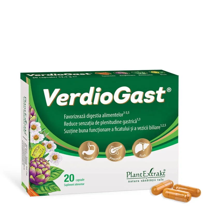 Supliment alimentar pentru arsuri gastrice VerdioGast, 20 capsule, PlantExtrakt — preț și oferte