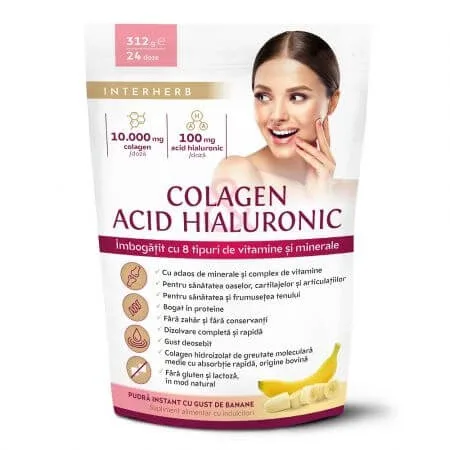 Pulbere instant de colagen si acid hialuronic cu gust de banane Shake, 312 g, Interherb — preț și oferte