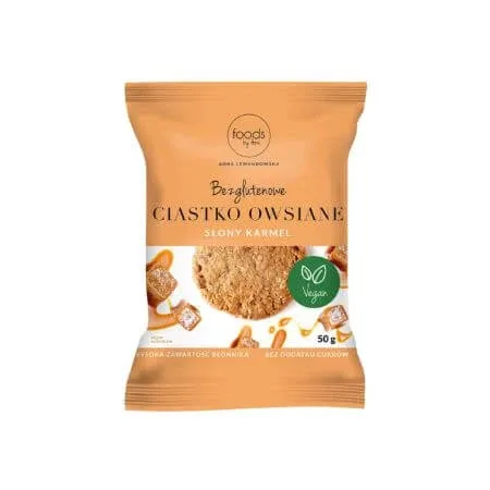 Biscuiti din fulgi de ovaz fara gluten cu caramel sarat, 50g, Foods By Ann — preț și oferte