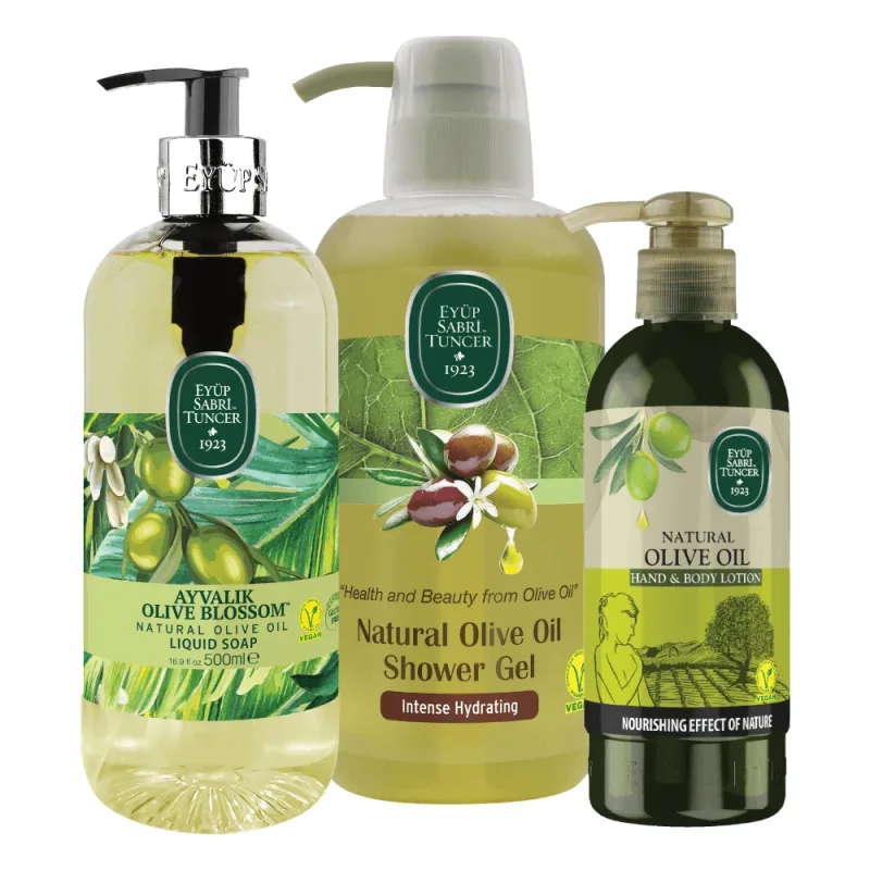 Pachet Olive Blossom, Gel de dus, 600 ml + Sapun lichid, 500 ml + Lotiune de maini si de corp, 250 ml Eyup Sabri Tuncer — preț și oferte