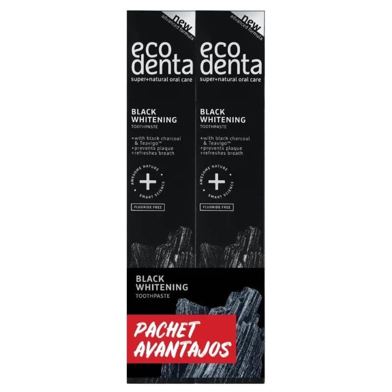 Pachet Pasta de dinti cu carbune si Teavigo Black Whitening, 75 ml + 75 ml, Ecodenta — preț și oferte