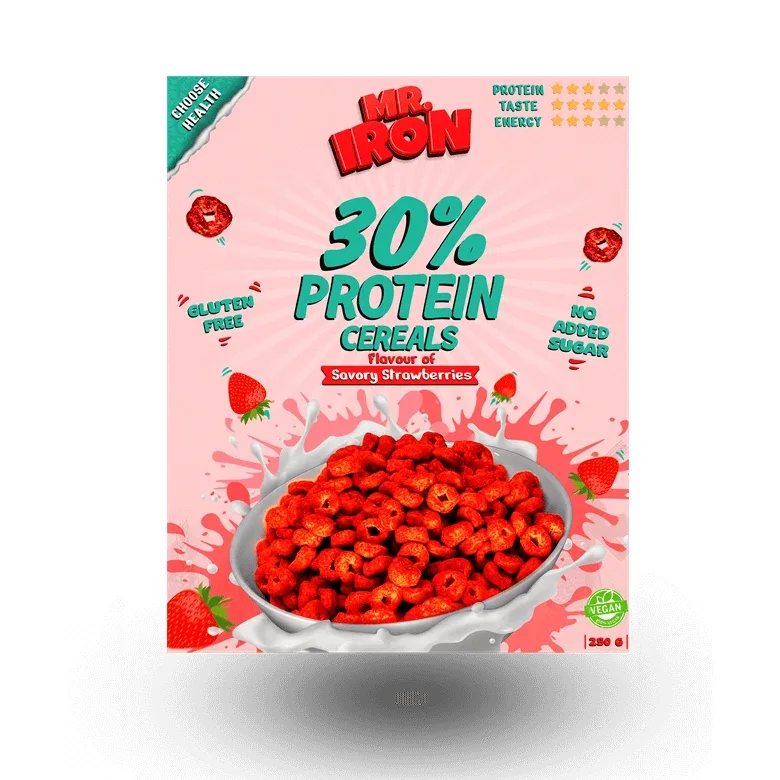 Cereale proteice cu capsuni si mar, vegane, fara zahar si fara gluten, 250 g, Mister Iron — preț și oferte