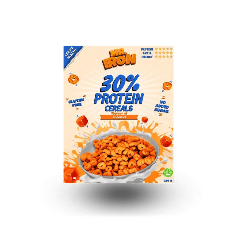 Cereale proteice cu caramel sarat, vegane, fara zahar si fara gluten, 250 g, Mister Iron — preț și oferte