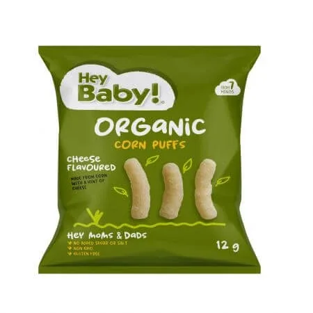 Pufuleti Bio din porumb cu aroma de branza Organic Puff, 7 luni+, 12 g, Hey Baby — preț și oferte