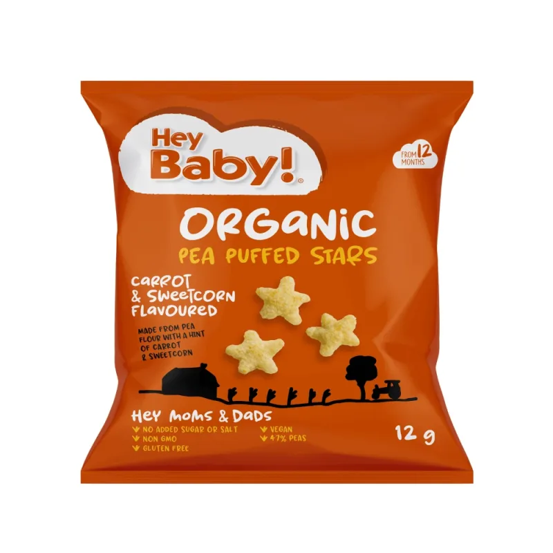 Pufuleti Bio stelute cu aroma de marcov si porumb dulce Oragnic Puff, 12 luni+, 12 g, Hey Baby — preț și oferte