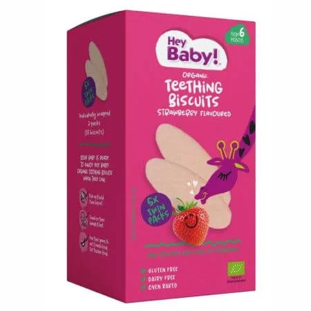 Biscuiti Bio pentru dentitie cu capsuni, +6 luni, 20g, Hey Baby — preț și oferte