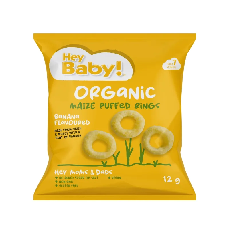 Pufuleti Bio inele cu aroma de banane Organic Puff, 7 luni+, 12 g, Hey Baby — preț și oferte