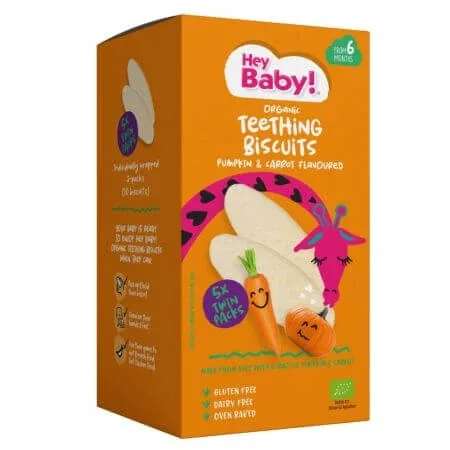 Biscuiti Bio pentru dentitie cu morcov si dovleac, +6 luni, 20g, Hey Baby — preț și oferte