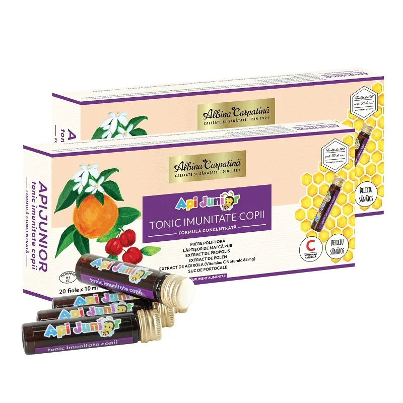 Pachet Tonic imunitate copii ApiJunior, 20 fiole + 10 fiole, Albina Carpatină — preț și oferte