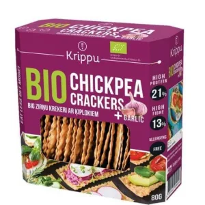 Crackers bio fara gluten cu naut si usturoi, 80 g, Krippu