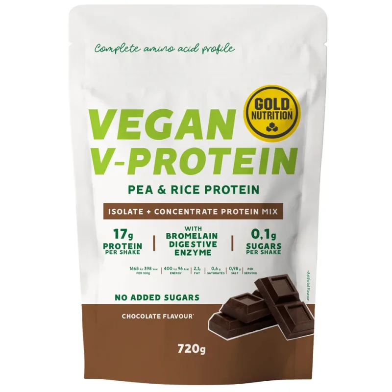 Pudra proteica vegetala cu aroma de ciocolata V-Protein, 720 g, Gold Nutrition — preț și oferte