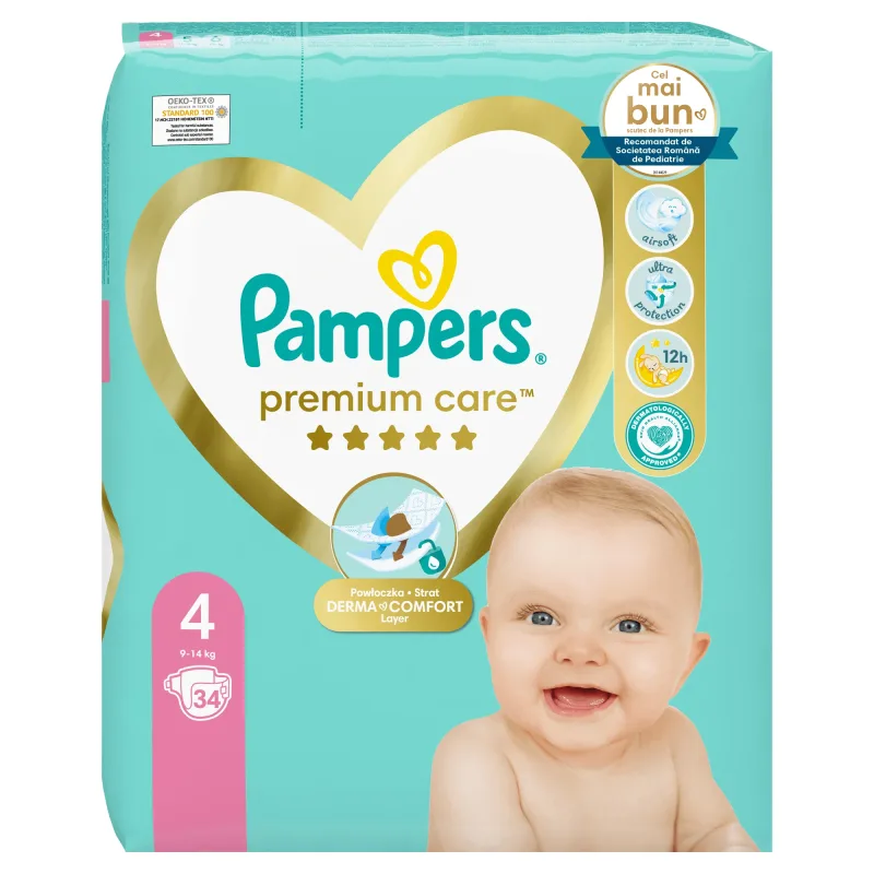 Scutece Premium Care, Nr. 4, 9-14 kg, 34 buc, Pampers — preț și oferte