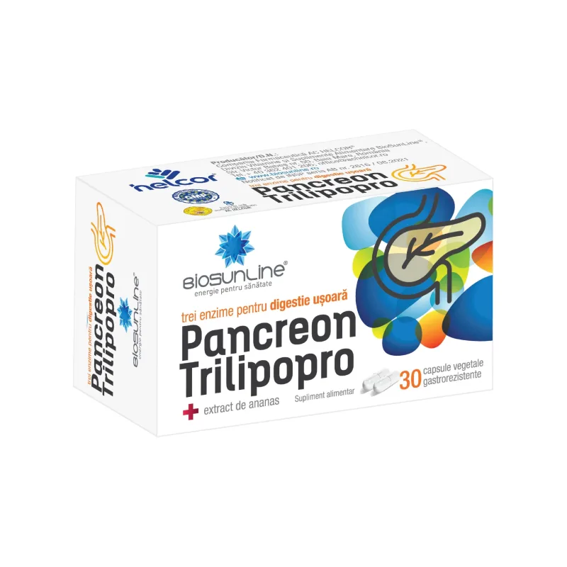 Enzime digestive Pancreon Trilipopro BioSunLine, 30 capsule vegetale gastrorezistente, Helcor — preț și oferte