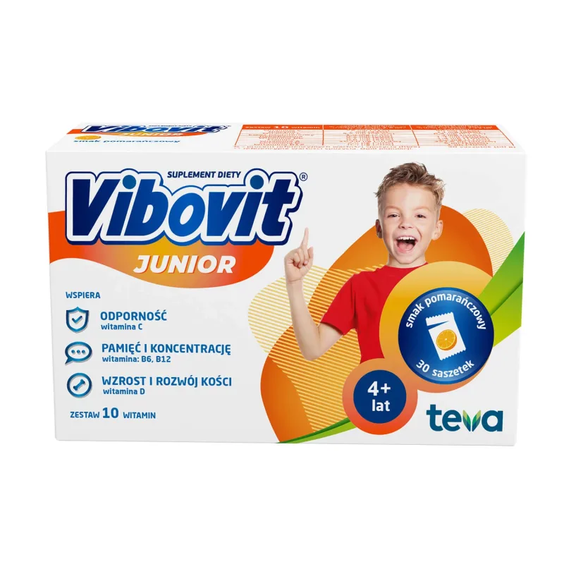 Vibovit Junior, pentru copii cu vârsta cuprinsă între 4 și 12 ani, aromă de portocale, 30 de pliculețe TEVA PHARMACEUTICALS — preț și oferte