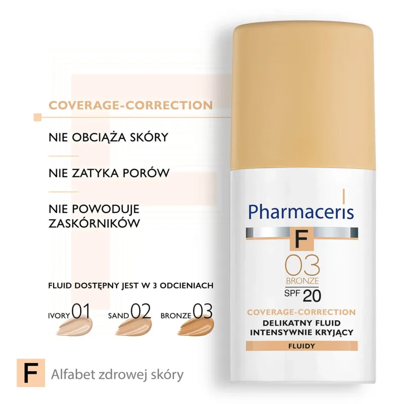 Pharmaceris F Coverage-Correction, fluid cu acoperire fină, 03 Bronze, SPF 20, 30 ml — preț și oferte