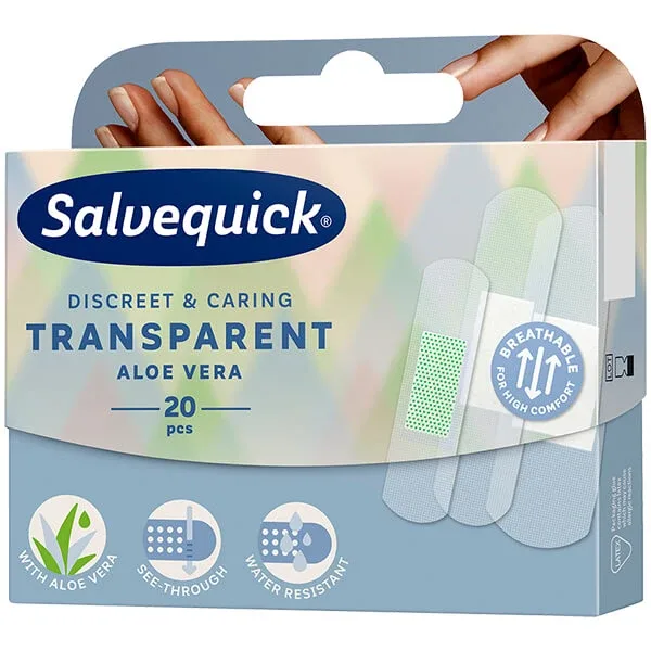 Salvequick Transparent Aloe Vera, tencuială transparentă pentru pansamente, impermeabilă, cu aloe vera, 20 bucăți — preț și oferte