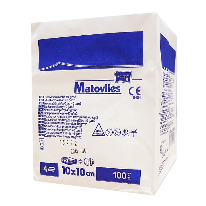 Matopat Matovlies, comprese nesterile, nețesute, 4 straturi, 40 g/m2, 10 cm x 10 cm, 100 de bucăți — preț și oferte