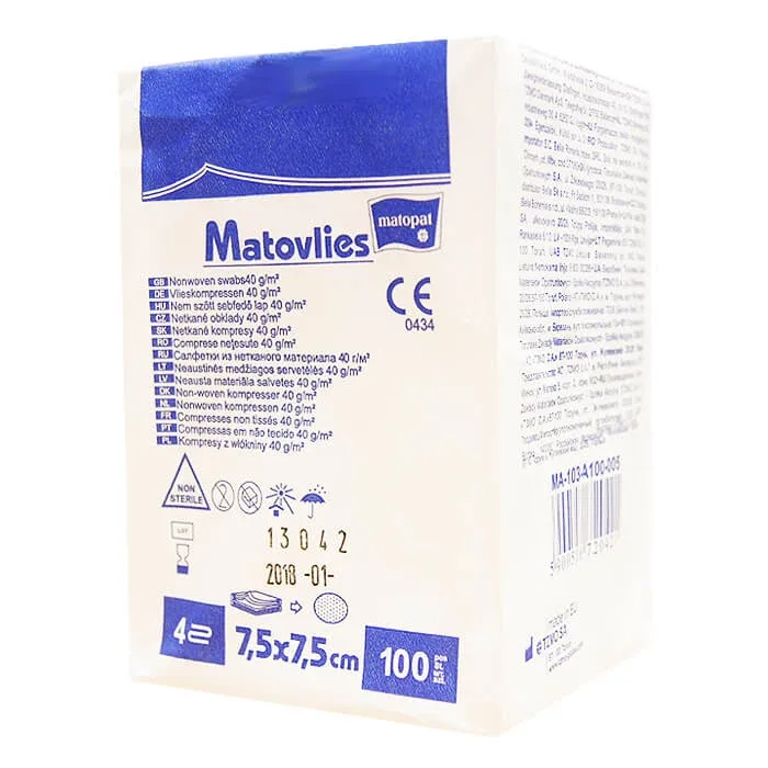 Matopat Matovlies, comprese nesterile, nețesute, 4 straturi, 40 g/m2, 7,5 cm x 7,5 cm, 100 bucăți — preț și oferte