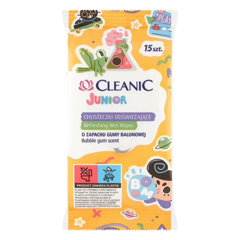 Cleanic Junior, șervețele răcoritoare cu lichid antibacterian, cu aromă de gumă de mestecat, 15 bucăți — preț și oferte