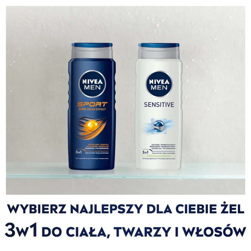 Nivea Men, Gel de duș 3 în 1 pentru față, corp și păr, Sensibil, 500 ml — preț și oferte
