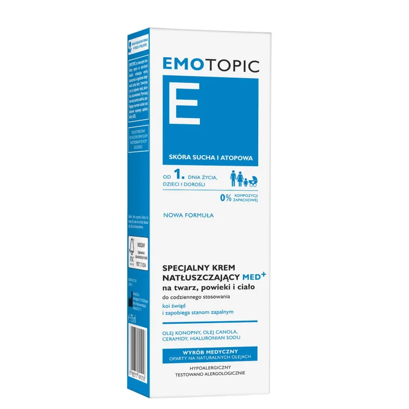 Emotopic E Med+, Cremă lubrifiantă specială pentru față, pleoape și corp, pentru adulți și copii din prima zi, piele uscată și atopică, 75 ml — preț și oferte