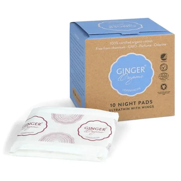 Ginger Organic, șervețele igienice de noapte cu aripi, 10 bucăți — preț și oferte