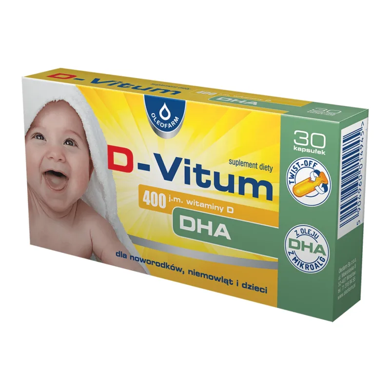 D-Vitum, vitamina D + DHA pentru nou-născuți, sugari și copii 400 UI, 30 de capsule cu răsucire Oleofarm — preț și oferte