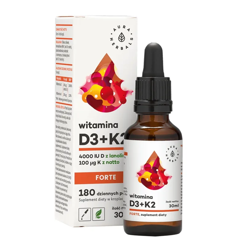Aura Herbals Vitamin D3 4000 UI + K2 100 µg Forte, picături, 30 ml — preț și oferte