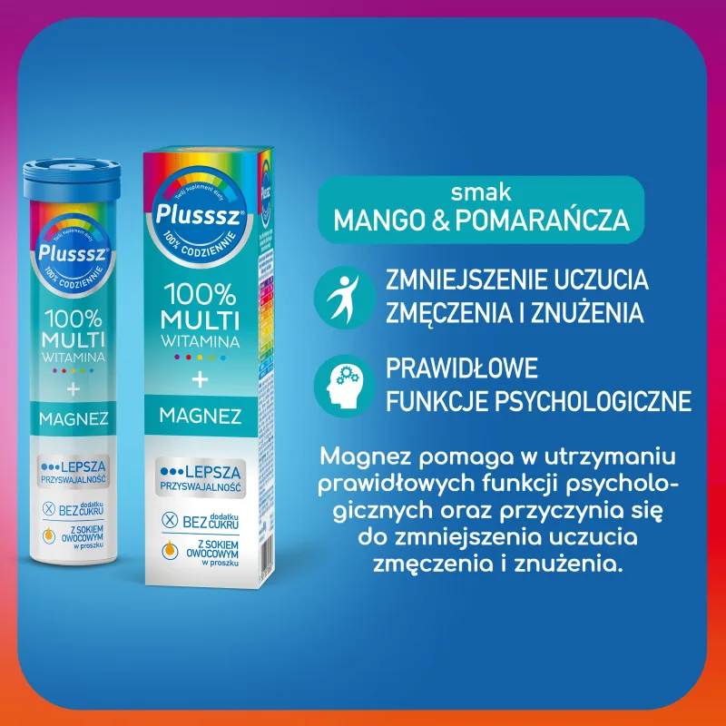 Plusssz 100% Multivitamine + Magneziu, aromă mango-portocaliu, 20 comprimate efervescente — preț și oferte