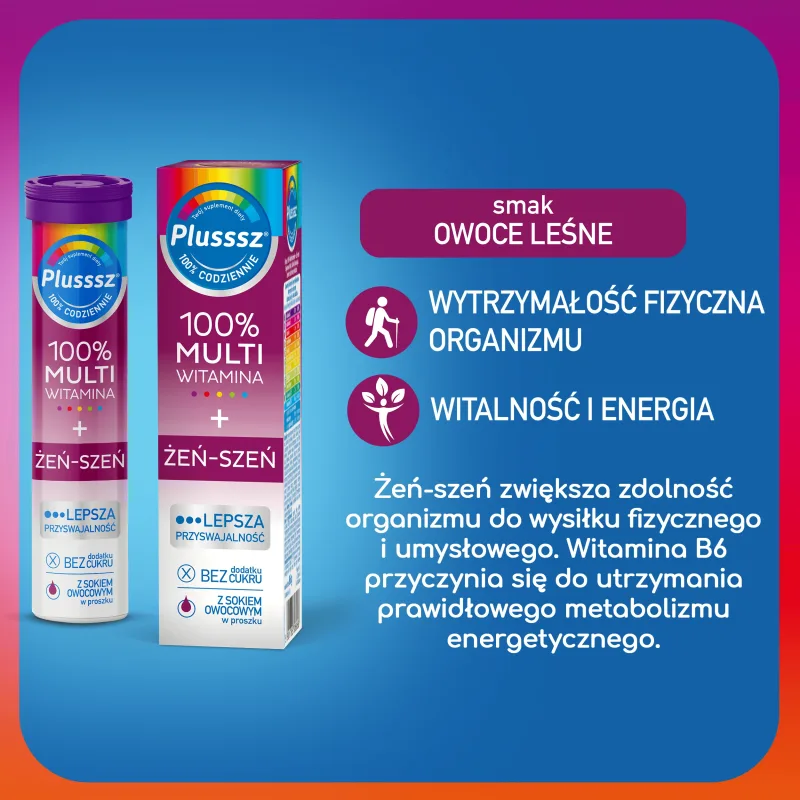 Plusssz 100% Multivitamine + Ginseng, aromă de fructe de pădure, 20 comprimate efervescente — preț și oferte